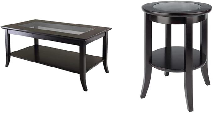 Winsome Genoa Rectangular Coffee Table with Glass Top and Shelf & Wood Genoa Occasional Table, Espresso - LeafyLoom