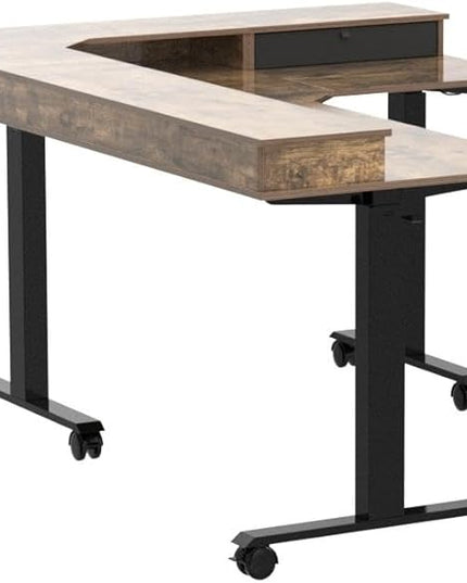 FEZIBO Triple Motor 63" L Shaped Standing Desk with 3 Drawers, Electric Standing Desk Adjustable Height, Corner Stand up Desk with Splice Board - Rustic Brown - LeafyLoom