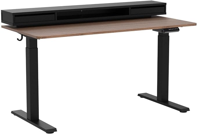 FEZIBO 55 x 24 Inch Height Adjustable Electric Standing Desk with Double Drawers, Stand Up Desk with LED Strips, Sit Stand Desk with Monitor Stand, Blcak Walnut - LeafyLoom