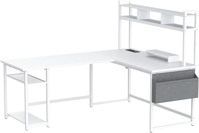 Aheaplus L Shaped Desk with Power Outlet & LED Strip, Reversible L-Shaped Corner Computer Desks Gaming Desk with Storage Shelf & Monitor Stand, Modern 2 Person Home Office Desk, Writing Desk, White - LeafyLoom
