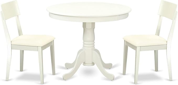 East West Furniture ANAD3-LWH-LC 3 Piece Kitchen Set Contains a Round Room Table with Pedestal and 2 Faux Leather Upholstered Dining Chairs, 36x36 Inch, Linen White - LeafyLoom
