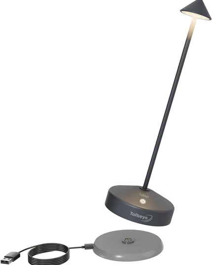 Cordless Table Lamp, Portable LED Desk Lamp 5200mAh Battery Operated, Waterproof Outdoor Lamp with Contact Charging Base, 13.8'' touch lamp for Home/Office/Bars/Coffee Shop Night Light (Grey - LeafyLoom