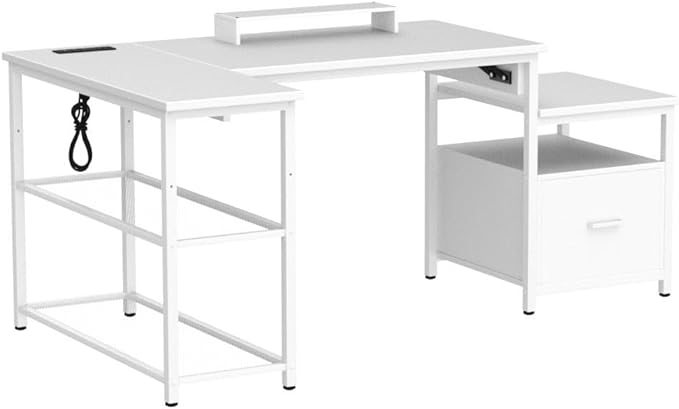 Aheaplus L Shaped Desk with Power Outlet, Standing Home Office Desk with Lift Top and File Drawer, 63'' Corner Computer Desk with Monitor Stand&Printer Shelves, Gaming Desk with Led Lights, White - LeafyLoom