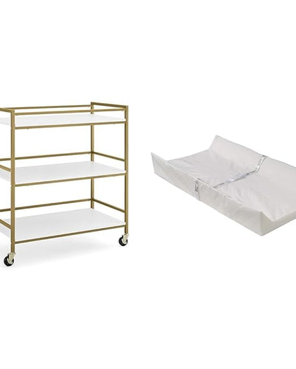 Delta Children Jade Changing Table/Cart, White Melamine/Bronze & Foam Contoured Changing Pad with Waterproof Cover - LeafyLoom