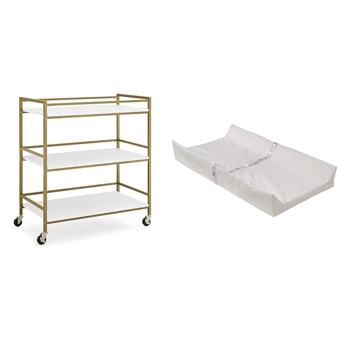 Delta Children Jade Changing Table/Cart, White Melamine/Bronze & Foam Contoured Changing Pad with Waterproof Cover - LeafyLoom
