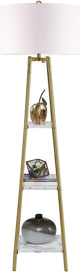 Floor Lamp, Standing Reading Light with Shelves and Gold Shade, Modern Tall Pole Lamp, Accent Furniture Décor Lighting for Living Room, Bedrooms (Gold, White Shade) - LeafyLoom