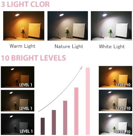 Desk Clip Reading Light, 3 Light Modes 10 Dimmable Brightness, Eye-Caring Bedroom Bedside Lamp, Flexible Neck Clamp Lamp（Pink） - LeafyLoom