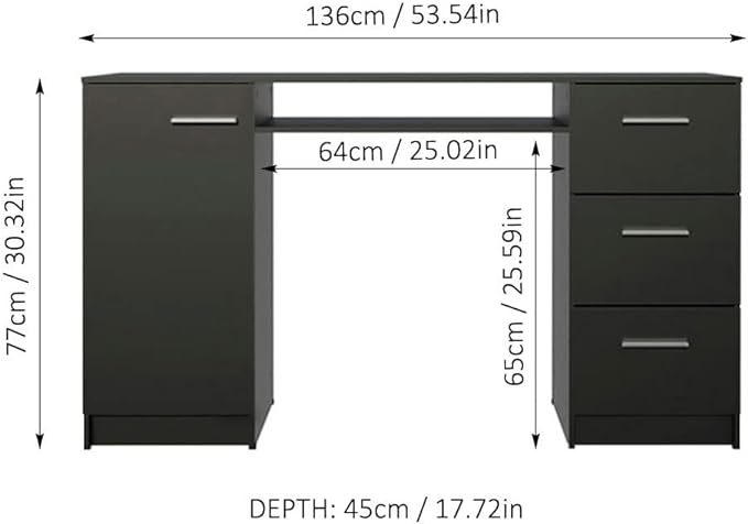 Madesa Computer Desk with 3 Drawers, 1 Door and 1 Storage Shelf, Wood Writing Home Office Workstation, Office Desk with Drawers - 30” H x 18” D x 53” W - Black - LeafyLoom