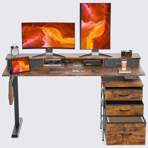 63 Inch Electric Standing Desk with Cabinet & Drawers, Height Adjustable Sit Stand Desk with Monitor Shelf, Smart Home Office Standing Computer Desk, Rustic Brown - LeafyLoom