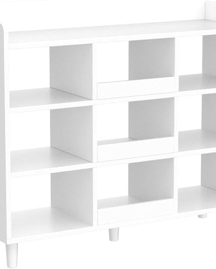 Wooden Cube Bookcase with Legs - 3-Tier Open Shelf Kidsroom Sorted Storage Cabinet Organizer for Books and Toys, 9-Cube Lattice Cute Cubby Bookshelf in Pearl White, 39" W - LeafyLoom