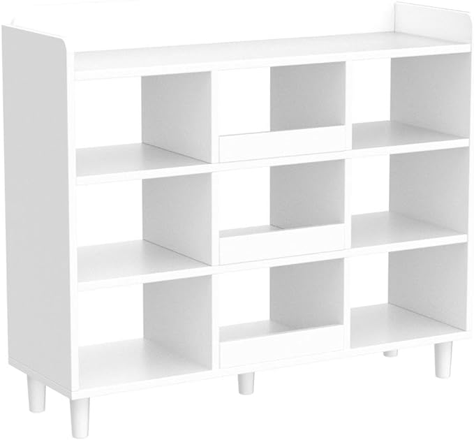 Wooden Cube Bookcase with Legs - 3-Tier Open Shelf Kidsroom Sorted Storage Cabinet Organizer for Books and Toys, 9-Cube Lattice Cute Cubby Bookshelf in Pearl White, 39" W - LeafyLoom