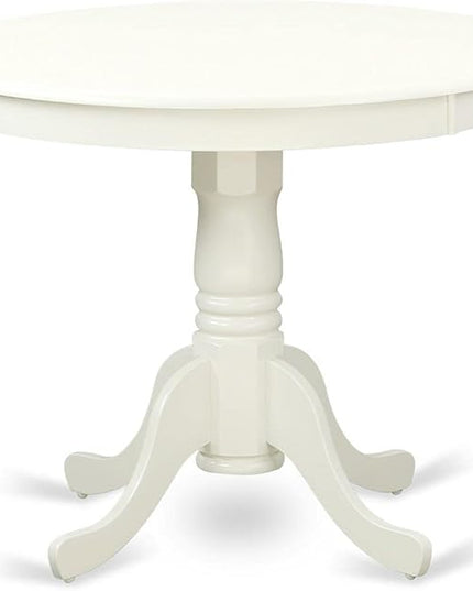 East West Furniture ANGA3-LWH-35 3 Piece Room Furniture Set Contains a Round Dining Table with Pedestal and 2 Doeskin Fabric Upholstered Chairs, Linen White - LeafyLoom