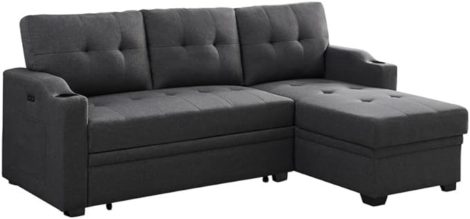 83 Inch Convertible L Shaped Sleeper Sectional Sofa Linen with Storage Chaise, Pull Out Bed, Cup Holder, USB Charging Port, Side Pocket, Reversible Corner Couch Design, 83inch, Black - LeafyLoom
