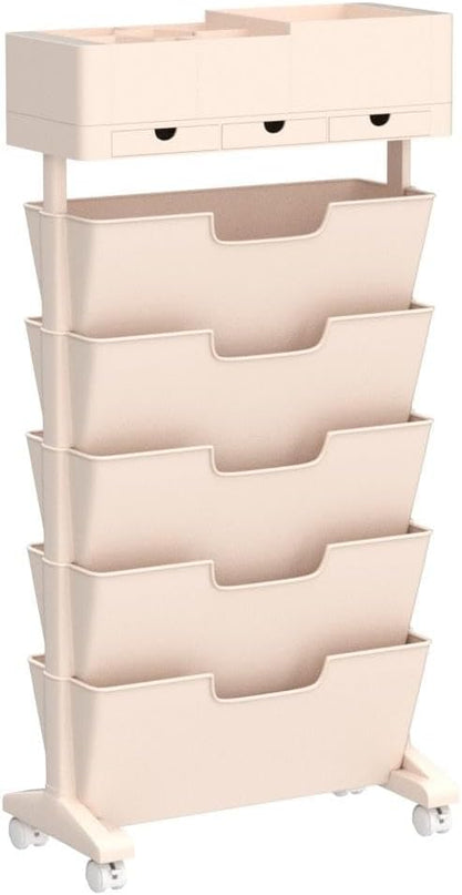 6 Tier Rolling Cart,Open Bookcase and Bookshelf,Mobile Bookshelf with Wheels 3 Drawer,Storage Shelving Display Shelves,Narrow Rolling Storage Cart for Living Room, Bedroom, Kitchen (Pink) - LeafyLoom