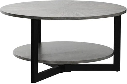 MODERION Round Coffee Table with Storage Shelf, Farmhouse Living Room Cocktail Table with Black Metal Legs, Circular Solid Wood Center Tea/ Sofa Table, 35.3''Dx17.8''H, Brushed Black KFZ1338BK - LeafyLoom