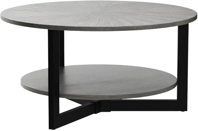 MODERION Round Coffee Table with Storage Shelf, Farmhouse Living Room Cocktail Table with Black Metal Legs, Circular Solid Wood Center Tea/ Sofa Table, 35.3''Dx17.8''H, Brushed Black KFZ1338BK - LeafyLoom