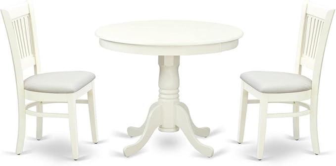 East West Furniture ANVA3-LWH-C 3 Piece Dining Table Set for Small Spaces Contains a Round Kitchen Table with Pedestal and 2 Linen Fabric Kitchen Dining Chairs, 36x36 Inch, Linen White - LeafyLoom