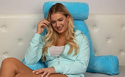 Husband Pillow XXL Carolina Blue Backrest with Arms, Adult Reading Pillow Shredded Memory Foam, Ultra-Comfy Removable Microplush Cover & Detachable Neck Roll, Unmatched Support Bed Rest Sit Up Pillow - LeafyLoom