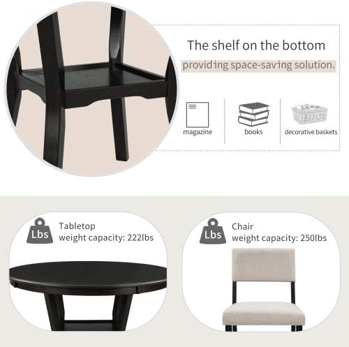 5 Piece, Indoor Modern Wood Set with Round Table, 4 Upholstered Chairs for Kitchen Dining Room, Espresso & Beige - LeafyLoom