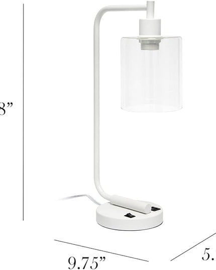Simple Designs LD1066-WHT Bronson Antique Style Industrial Iron Lantern Desk Bedside Table Lamp with Dual 2 USB Charging Ports and Glass Shade, White - LeafyLoom