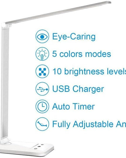 LED Desk Lamp Dimmable Table Lamp Reading Lamp with USB Charging Port, 5 Lighting Modes, Sensitive Control, 30/60 Minutes Auto-Off Timer, Eye-Caring Office Lamp - LeafyLoom