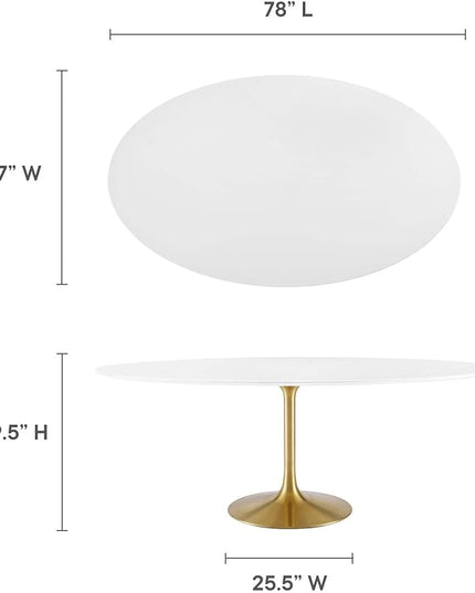 Modway Lippa 78" Oval-Shaped Mid-Century Modern Dining Table with White Wood Top and Gold Base - LeafyLoom