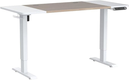 Adjustable Height Electric Standing Desk - 63 x 30 Inch Sit Stand Computer Desk with Splice Board, Stand Up Desk Table for Home Office, White Frame/White and Oak Top - LeafyLoom