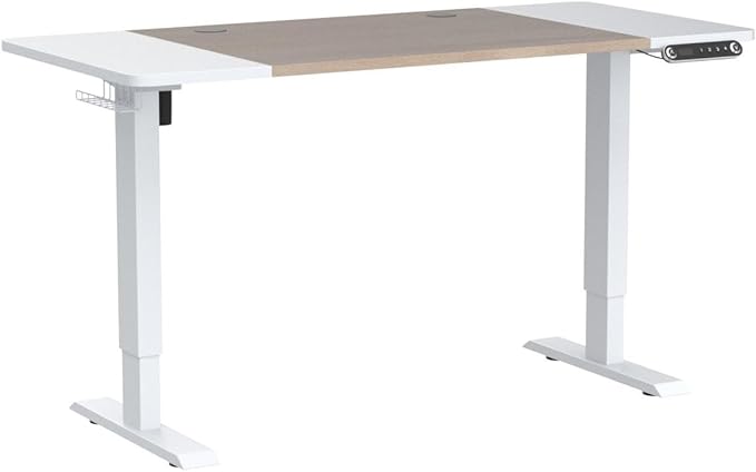Adjustable Height Electric Standing Desk - 63 x 30 Inch Sit Stand Computer Desk with Splice Board, Stand Up Desk Table for Home Office, White Frame/White and Oak Top - LeafyLoom