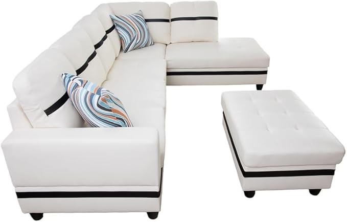 L Shaped Sofa with Ottoman Modern Sectional Living Room, Bedroom, Office, L Couch White-Black - LeafyLoom