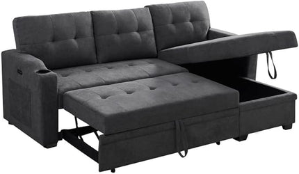 83 Inch Convertible L Shaped Sleeper Sectional Sofa Linen with Storage Chaise, Pull Out Bed, Cup Holder, USB Charging Port, Side Pocket, Reversible Corner Couch Design, 83inch, Dark Grey-3 - LeafyLoom