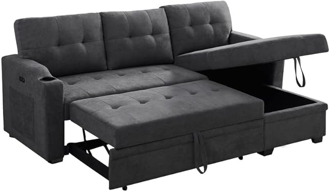 83 Inch Convertible L Shaped Sleeper Sectional Sofa Linen with Storage Chaise, Pull Out Bed, Cup Holder, USB Charging Port, Side Pocket, Reversible Corner Couch Design, 83inch, Dark Grey-3 - LeafyLoom