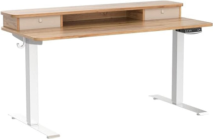 FEZIBO 55 x 24 Inch Height Adjustable Electric Standing Desk with Double Drawer, Stand Up Desk with Storage Shelf, Sit Stand Desk, Light Rustic - LeafyLoom