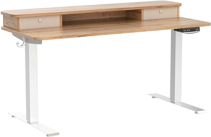 FEZIBO 55 x 24 Inch Height Adjustable Electric Standing Desk with Double Drawer, Stand Up Desk with Storage Shelf, Sit Stand Desk, Light Rustic - LeafyLoom