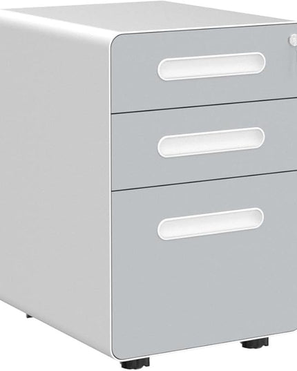 YITAHOME 3-Drawer Metal Mobile File Cabinet, Rolling Filing Cabinet with Lock, Filing Cabinet Under Desk fits Legal/A4 Size for Home/Office, Fully Assembled,White and Grey - LeafyLoom
