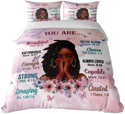 Twin Size Comforter Set with Powerful Quotes from Girls,3 Pieces Featuring African-American Girl - Ideal Gift Bedding for Teens and Women Pink White - LeafyLoom