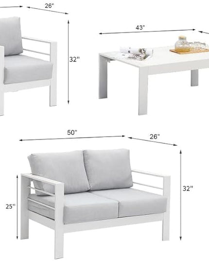 Solaste Outdoor Aluminum Furniture Set - 4 Pieces Patio Sectional Chat Sofa Conversation Set with Table,White - LeafyLoom