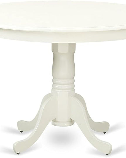 East West Furniture HLGR5-LWH-W 5 Piece Dining Room Furniture Set Includes a Round Dining Table with Pedestal and 4 Wood Seat Chairs, 42x42 Inch, Linen White - LeafyLoom