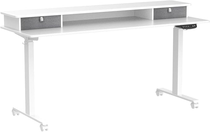 BANTI 60x24 Inch Electric Standing Desk with Double Drawers, Adjustable Height Stand Up Desk, Sit Stand Home Office Desk with Storage Shelf, White Top - LeafyLoom