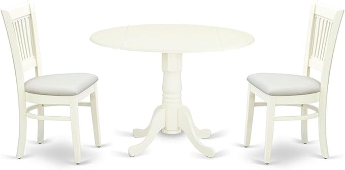 East West Furniture Dublin 3 Piece Modern Set Contains a Round Wooden Table with Dropleaf and 2 Linen Fabric Upholstered Dining Chairs, 42x42 Inch, DLVA3-LWH-C - LeafyLoom