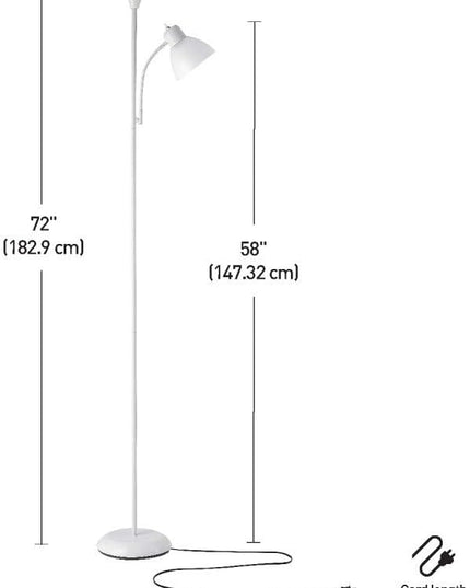 Globe Electric 67136 72" Torchiere Floor Lamp + Adjustable Reading Light, Matte White, Frosted Plastic Shade, 3-Step Rotary Switch on Socket, Living Room Décor, Reading Light, Home Essentials - LeafyLoom