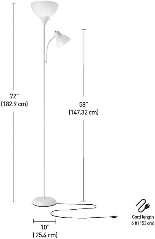 Globe Electric 67136 72" Torchiere Floor Lamp + Adjustable Reading Light, Matte White, Frosted Plastic Shade, 3-Step Rotary Switch on Socket, Living Room Décor, Reading Light, Home Essentials - LeafyLoom