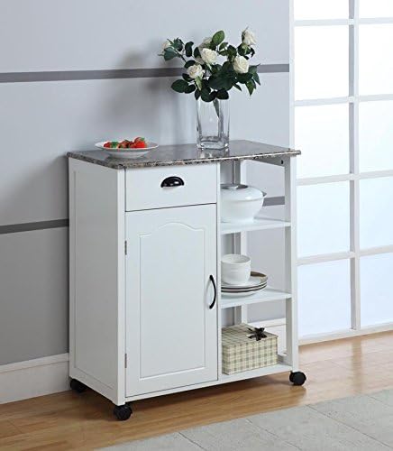 King's Brand White Finish Wood & Marble Vinyl Top Kitchen Storage Cabinet Cart - LeafyLoom