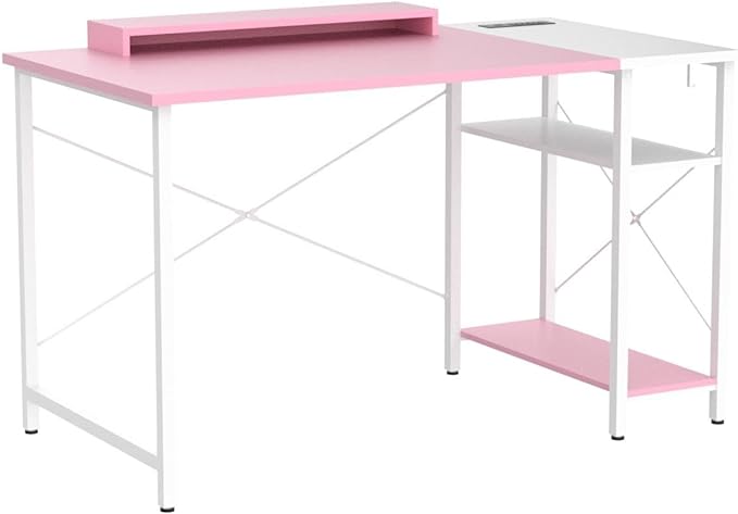 armocity 47 Gaming Computer Desk with LED Lights, Power Outlet and USB, Reversible Laptop Table with Moveable Monitor Stand for Small Spaces, Office, Gaming Room, Pink and White - LeafyLoom