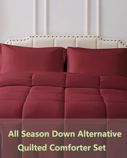 King Comforter Set 3 Pieces - Goose Down Alternative with 2 Pillow Shams - Extra Thick - Soft and Comfortable - Machine Washable (King,Burgandy) - LeafyLoom