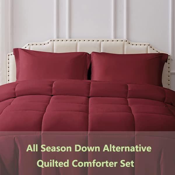 King Comforter Set 3 Pieces - Goose Down Alternative with 2 Pillow Shams - Extra Thick - Soft and Comfortable - Machine Washable (King,Burgandy) - LeafyLoom
