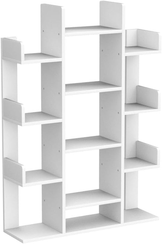 Aheaplus Bookshelf, Tree-Shaped Bookcase Storage Shelf with 13 compartments, Books Organizer Display Cube Shelves, Industrial Free Floor Standing Wood Open Bookshelves for Home, White - LeafyLoom