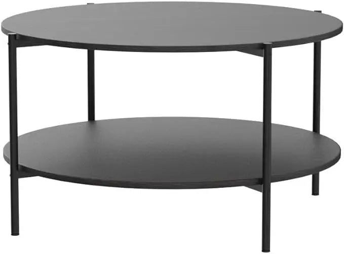 WLIVE Round Coffee Table, Rustic 2-Tier Circle Coffee Table with Open Storage Shelf, Industrial 32.6" Wood Round Center Table for Living Room, Bedroom, Home Office, Charcoal Black - LeafyLoom