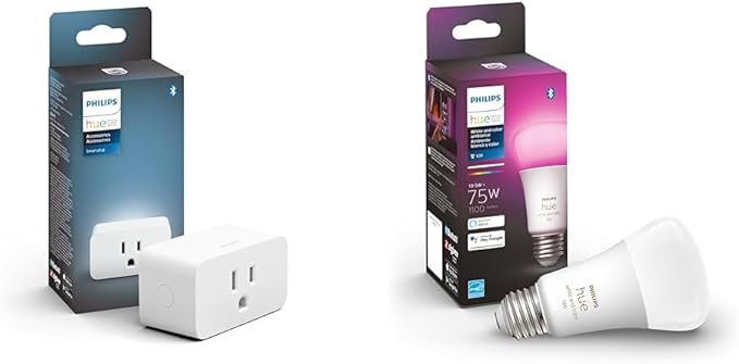 Philips Hue Smart Plug, White - 1 Pack - Turns Any Light Into a Smart Light - Control with Hue App & Smart 75W A19 LED Bulb - White and Color Ambiance Color-Changing Light - 1 Pack PhilipsHue