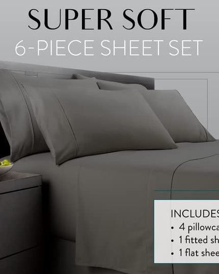 Danjor Linens King Size Sheets Set - 6 Piece Set Including 4 Pillowcases - Deep Pockets - Breathable, Soft Bed Sheets - Wrinkle Free - Machine Washable - Gray King Bed Sheets - 6pc - LeafyLoom