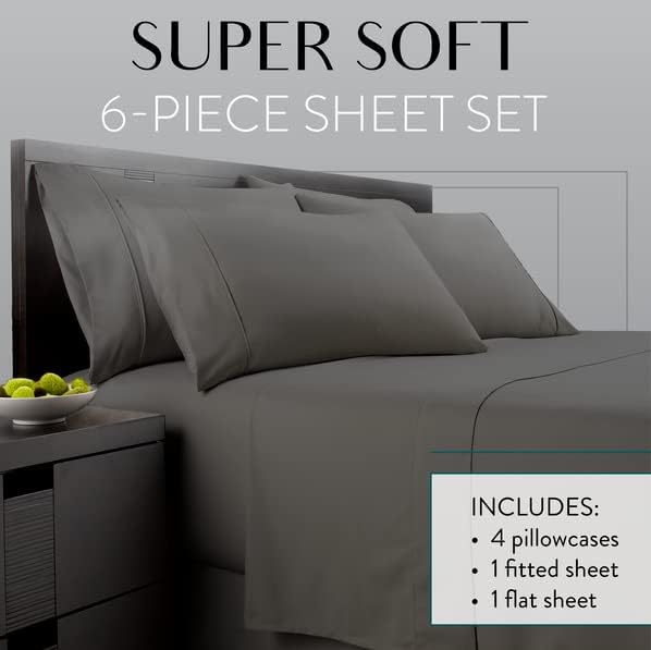 Danjor Linens King Size Sheets Set - 6 Piece Set Including 4 Pillowcases - Deep Pockets - Breathable, Soft Bed Sheets - Wrinkle Free - Machine Washable - Gray King Bed Sheets - 6pc - LeafyLoom